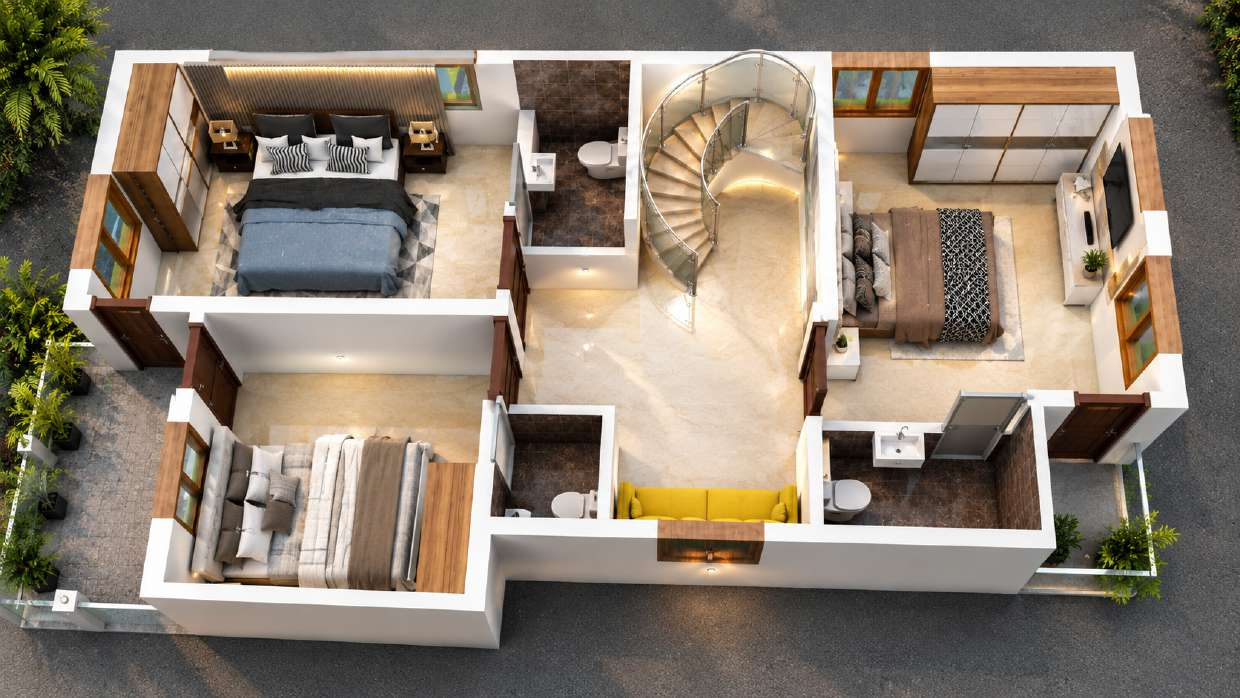 First floor villa layout showing bedrooms, attached bathrooms, lounge and balcony