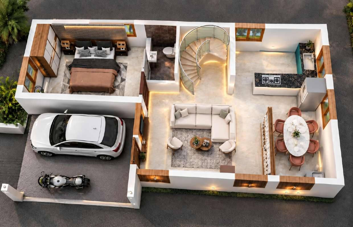 Ground floor villa layout with living, dining, kitchen, bedroom, bathroom and parking